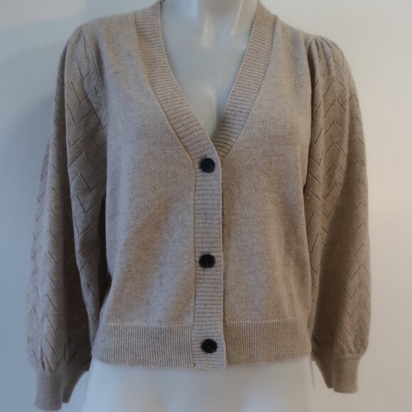 NWT Two Bees Cashmere Wool Taupe Pointelle Puff Slv V-Neck Cardigan Sweater XS - Picture 3 of 11